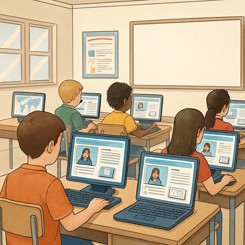 A classroom with students using computers to access online educational content, emphasizing the importance of easy access to digital learning platforms. Students using computers in a classroom to access educational content without barriers.
