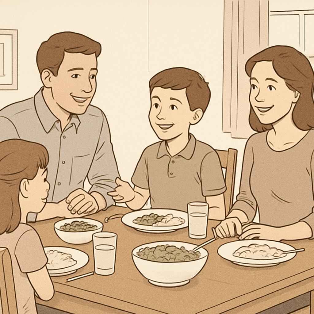 Family supporting a 7th-grade student by discussing school and encouraging healthy routines.