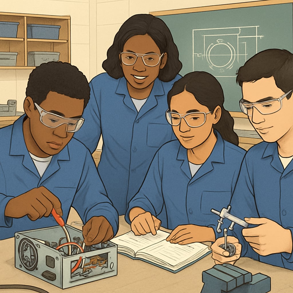 A diverse group of students working collaboratively in a vocational classroom setting, emphasizing practical skills and teamwork. Students in a vocational classroom developing practical skills related to career pathways beyond GCSE results.