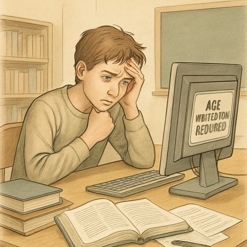 A frustrated student attempting to access online learning materials, highlighting the challenges posed by age verification laws. Frustrated student facing difficulty accessing online educational resources due to age verification policies.