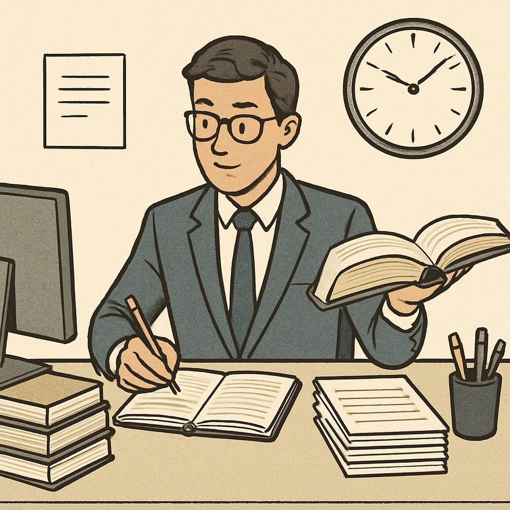 A professional studying while managing their workplace responsibilities. A visual representation of balancing career and education with a master’s degree.