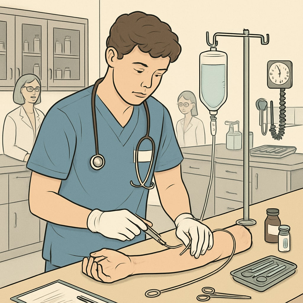 A student receiving hands-on training in a healthcare lab as part of a vocational education program, showcasing real-world applications of their studies. A student learning in a practical healthcare setting, demonstrating the benefits of vocational education pathways.