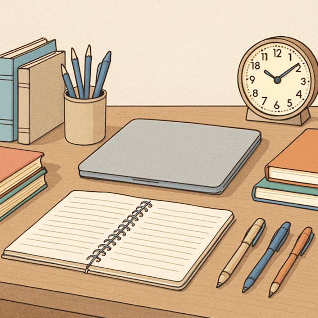 An organized workspace with study materials and a laptop, illustrating effective time management. Tools and strategies for effective time management during master’s degree studies.