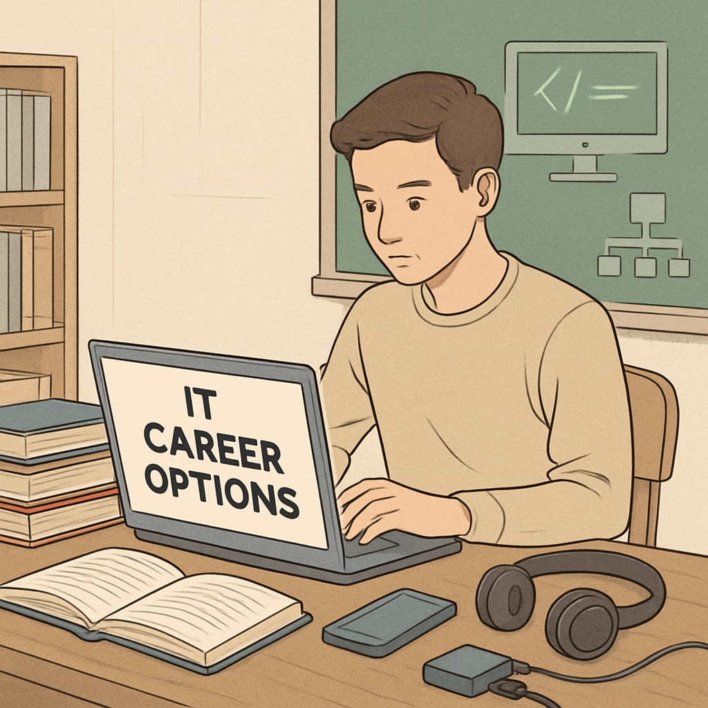 A young university student researching IT career options on a laptop, surrounded by books and technology gadgets. University student exploring IT and technology career choices on a laptop.