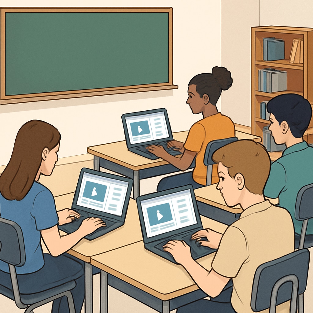 A group of high school students using laptops to study on an online learning platform. High school students engaging with online learning resources.
