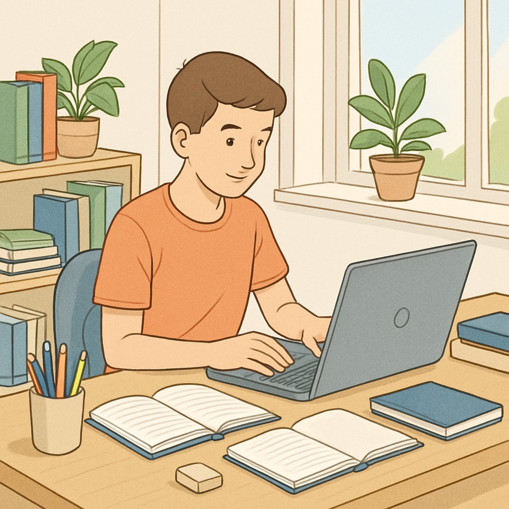 A student studying online at home with a laptop and study materials. Student studying online for their GED or high school diploma.