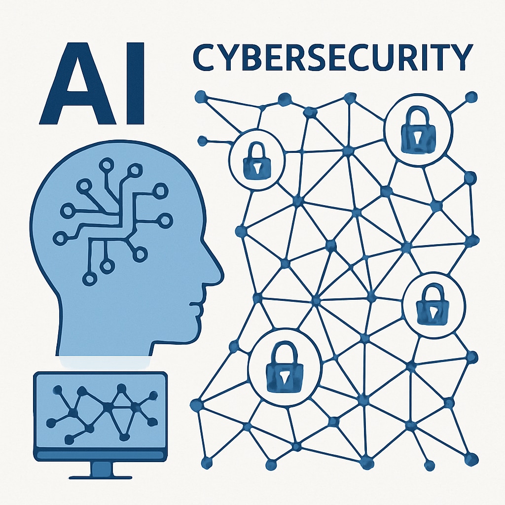 A futuristic image depicting AI and cybersecurity concepts, including a digital network map and data locks. Visual representation of AI and cybersecurity trends in IT careers.