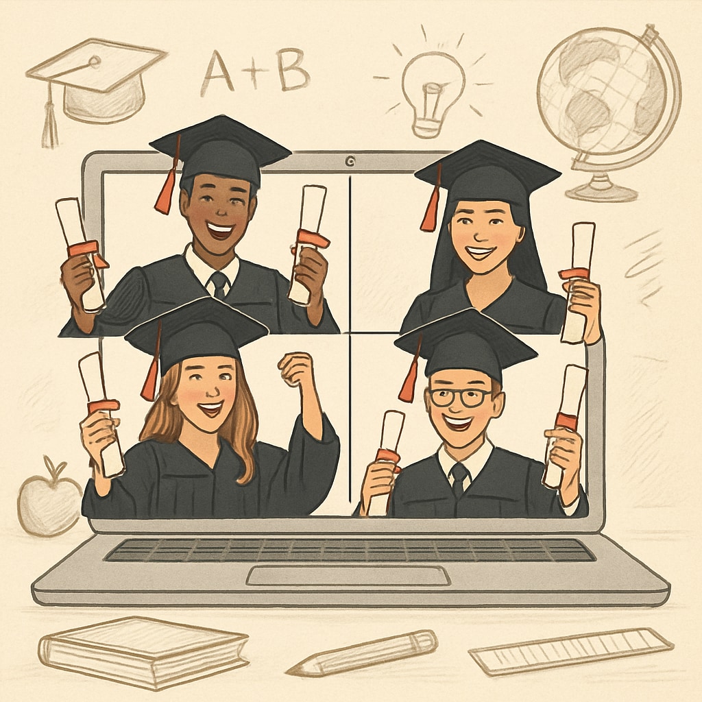 A diverse group of students celebrating their high school graduation online with diplomas. Students celebrating their online high school graduation.