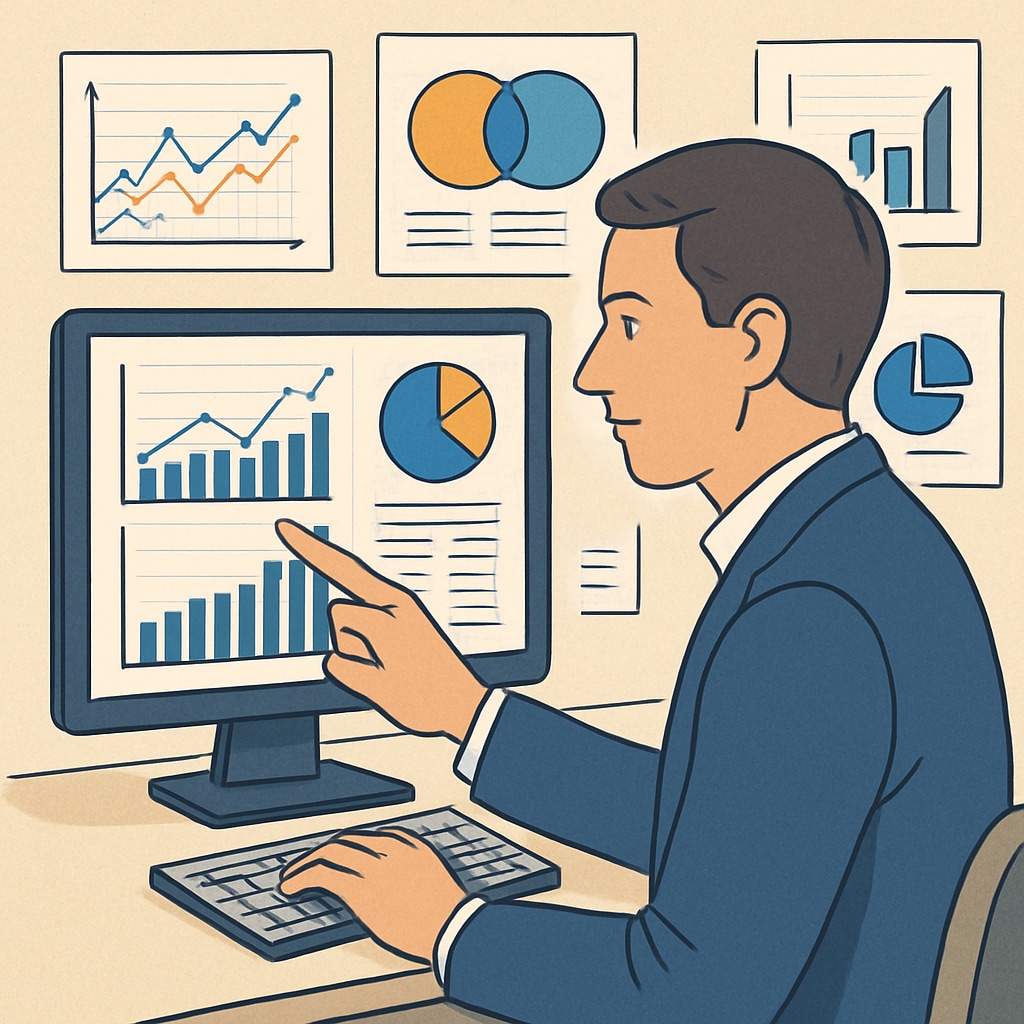 A professional working on business analytics software, analyzing financial graphs and data to make strategic decisions. Business analysis and financial graphs on a computer screen, relevant to K12 leadership.