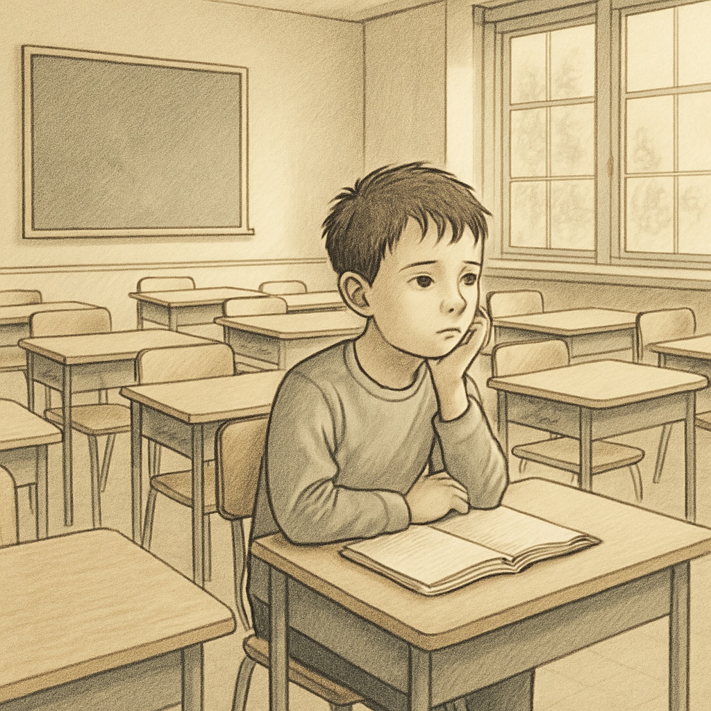A child sitting alone at a desk in an empty classroom, symbolizing the isolation faced by special needs students. A child with special education needs sits alone in an empty classroom, highlighting systemic barriers.