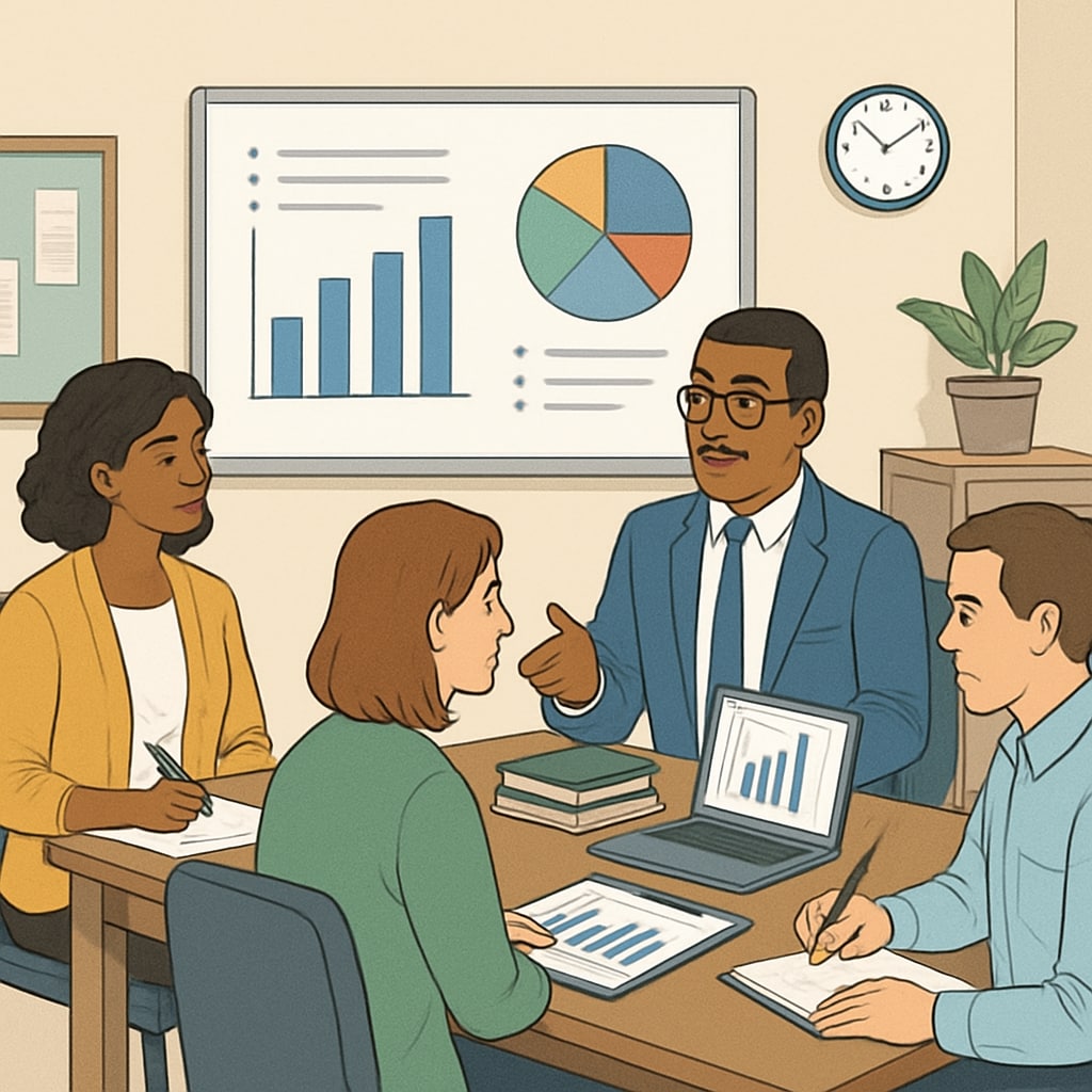 A meeting in a school administrative office where charts and graphs are used for planning and operations. Strategic planning in K12 education management with graphs and charts displayed during discussions.