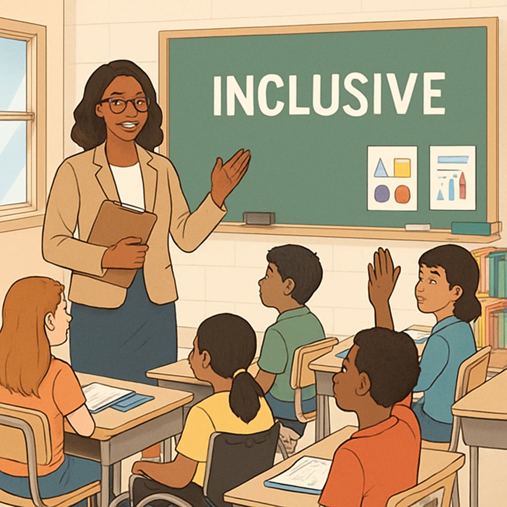 A professional teacher standing in front of a diverse classroom, symbolizing educational inclusivity. Teacher in a diverse classroom emphasizing inclusivity in education