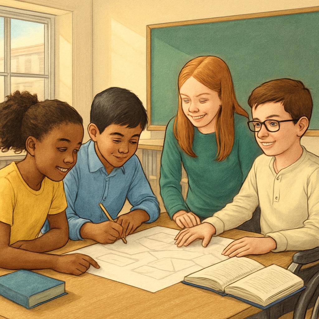 A group of students, including one with a visible disability, engaging in a collaborative classroom activity. Students, including one with a disability, participating in an inclusive classroom activity.