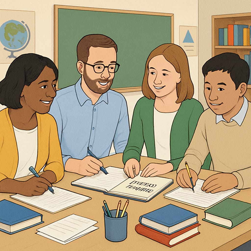 A group of teachers collaborating on lesson plans, showcasing professional diversity and teamwork. Teachers working together symbolizing diversity and teamwork in education