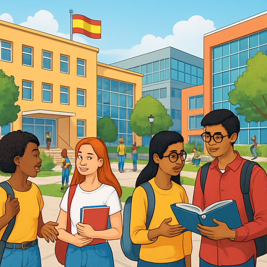 A bustling university campus in Spain with students from diverse backgrounds interacting. University campus in Spain with international students discussing and interacting.