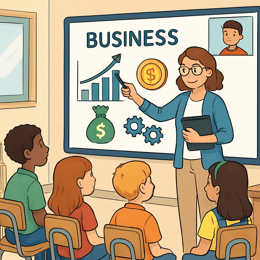 A group of children engaging in a virtual business education workshop, with a teacher explaining financial concepts on a digital whiteboard. Children learning financial concepts during an online business education session.