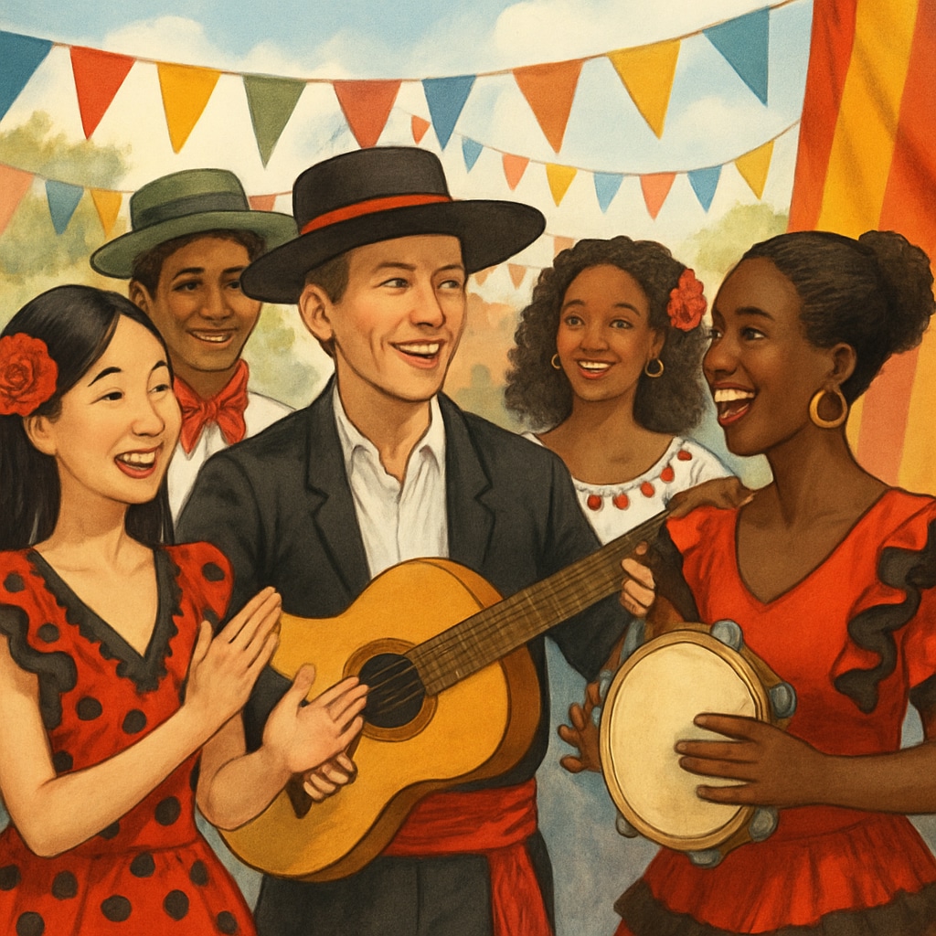 A group of international students enjoying a Spanish cultural festival with traditional costumes and music. International students participating in a Spanish cultural festival with music and dance.