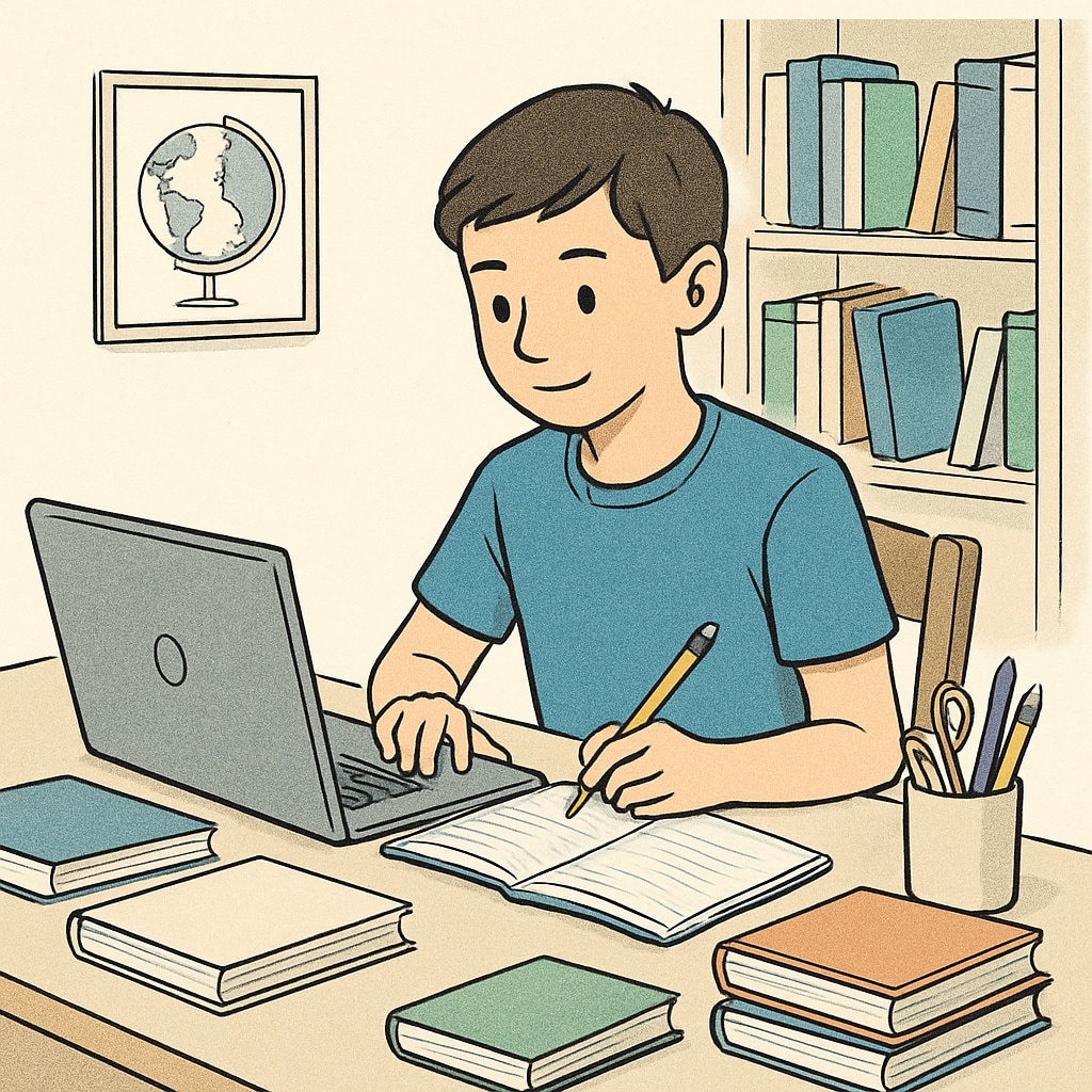 A student studying at home with a laptop and notebooks, symbolizing affordable education options. A student working on an online bachelor's degree in business and finance.