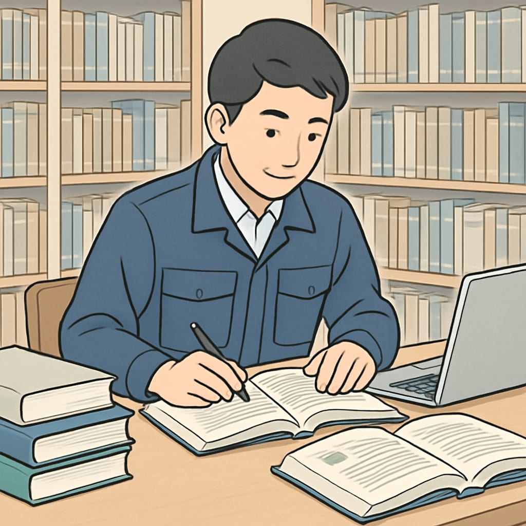 Student balancing part-time work and study at the library.