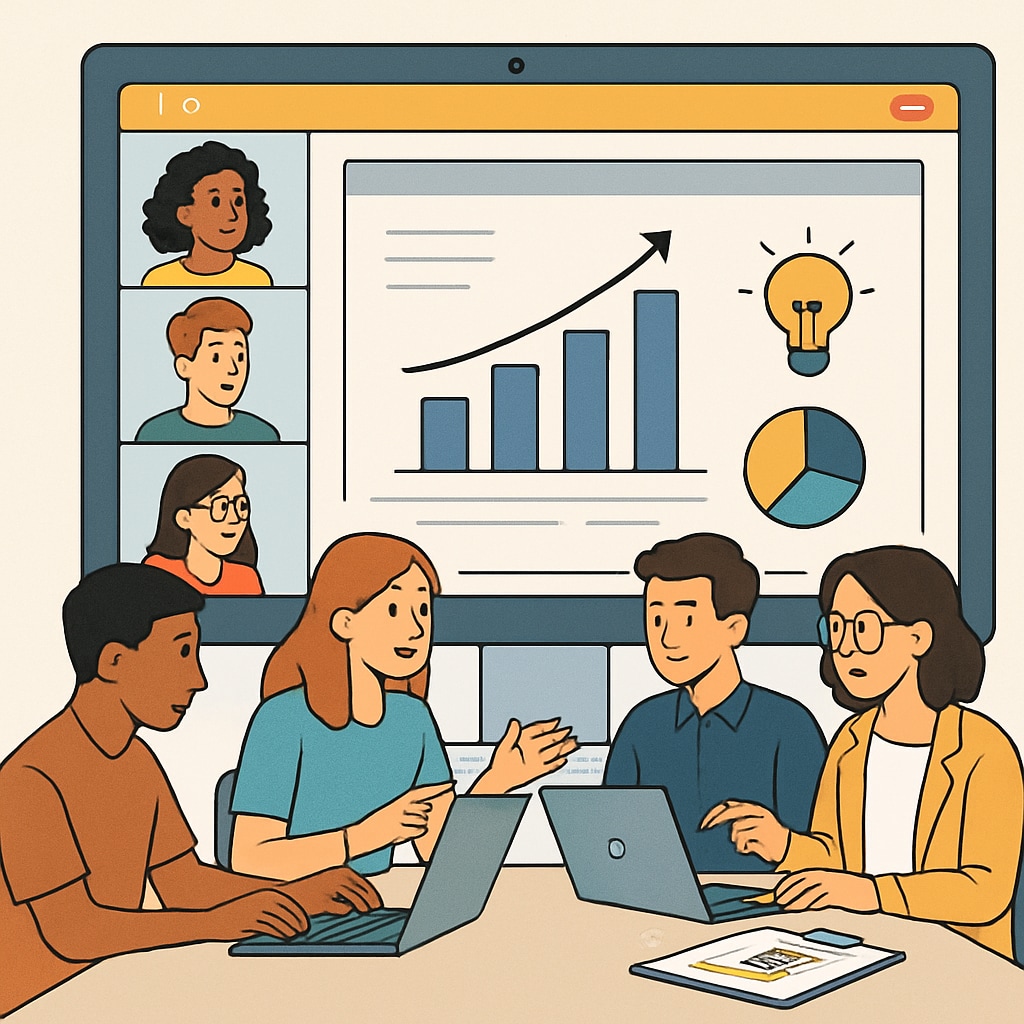 A screenshot of a virtual classroom session where students collaborate on a mock business project, showcasing teamwork and problem-solving. Students working on a collaborative business project during a virtual class.