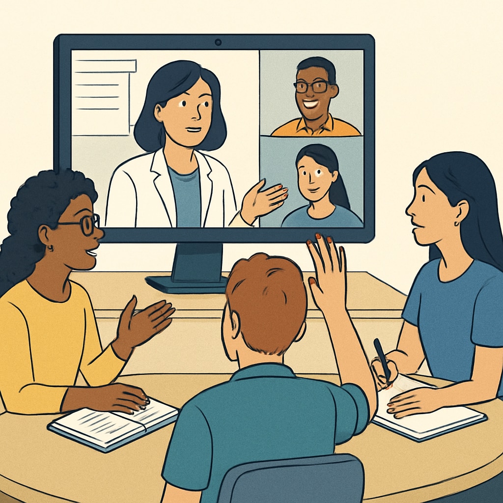 A virtual classroom session with diverse participants engaging in a discussion. Online education platform promoting affordable international degrees in business.
