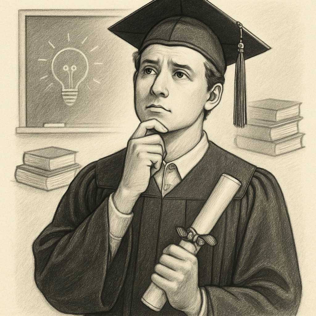 A young graduate holding a corrective diploma, looking thoughtful about future possibilities. Graduate with corrective diploma considering transition options.