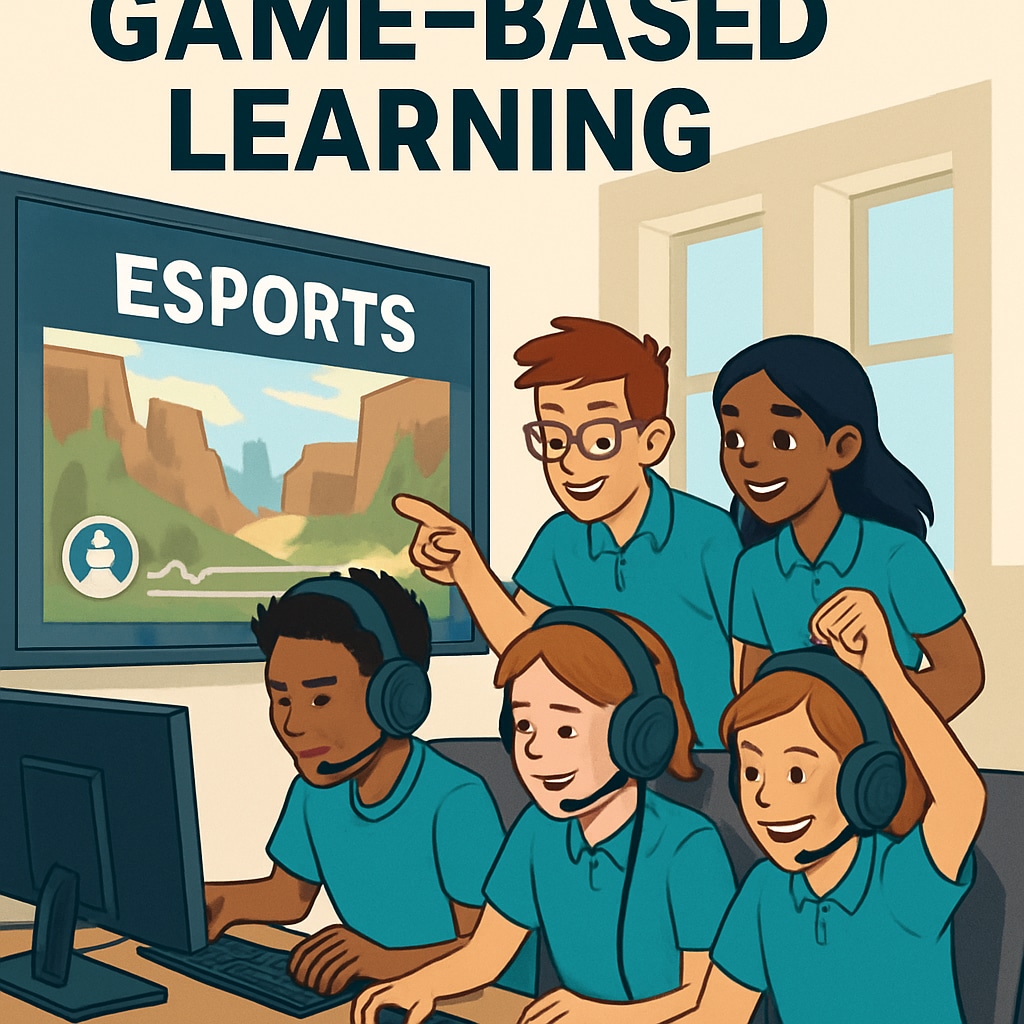 A dynamic image showing students engaging in esports competitions, symbolizing teamwork and game-based learning applications. Students competing in esports, showcasing game-based learning in action.