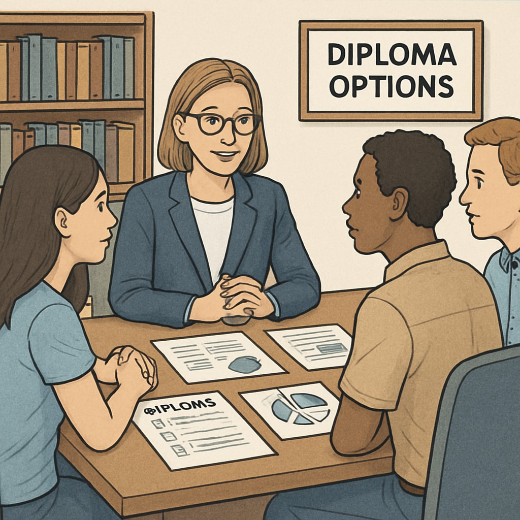 A group of students discussing diploma options with a counselor, highlighting available solutions. Students exploring diploma conversion solutions with a career advisor.