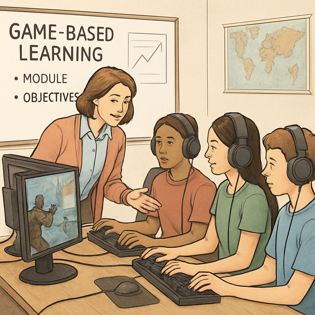 A detailed image showing a teacher guiding students through a game-based learning module using esports technologies. Teacher demonstrating esports-based educational tools to students.