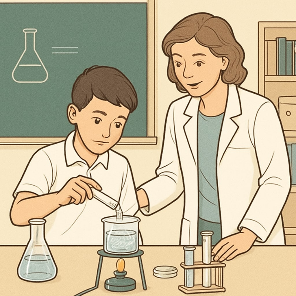 A student conducting a science experiment in a classroom, guided by a teacher. Middle school student conducting a science experiment with guidance from a teacher.