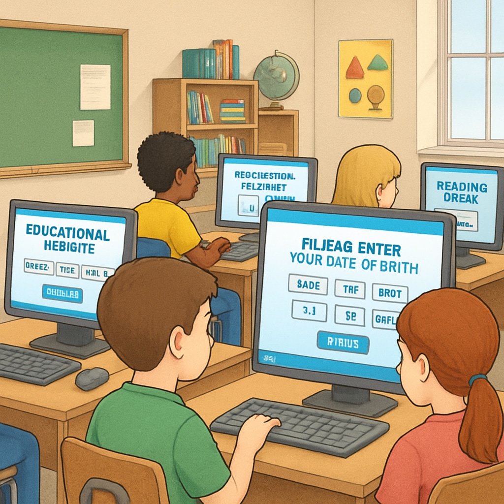 A school computer lab with students attempting to access restricted educational websites due to age verification laws. Students in a computer lab facing age verification restrictions on educational websites.