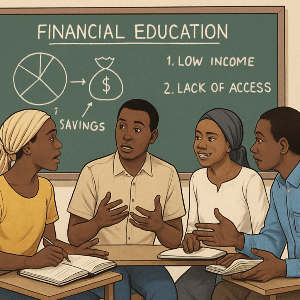 A group of students in Mali discussing financial concepts in a university classroom, highlighting the local challenges in financial education. Students in Mali discussing financial careers in a classroom setting.