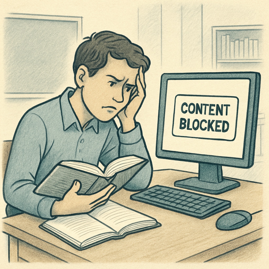 A frustrated student holding a textbook next to a computer screen displaying a “Content Blocked” message. Student upset over blocked access to educational content due to internet censorship.