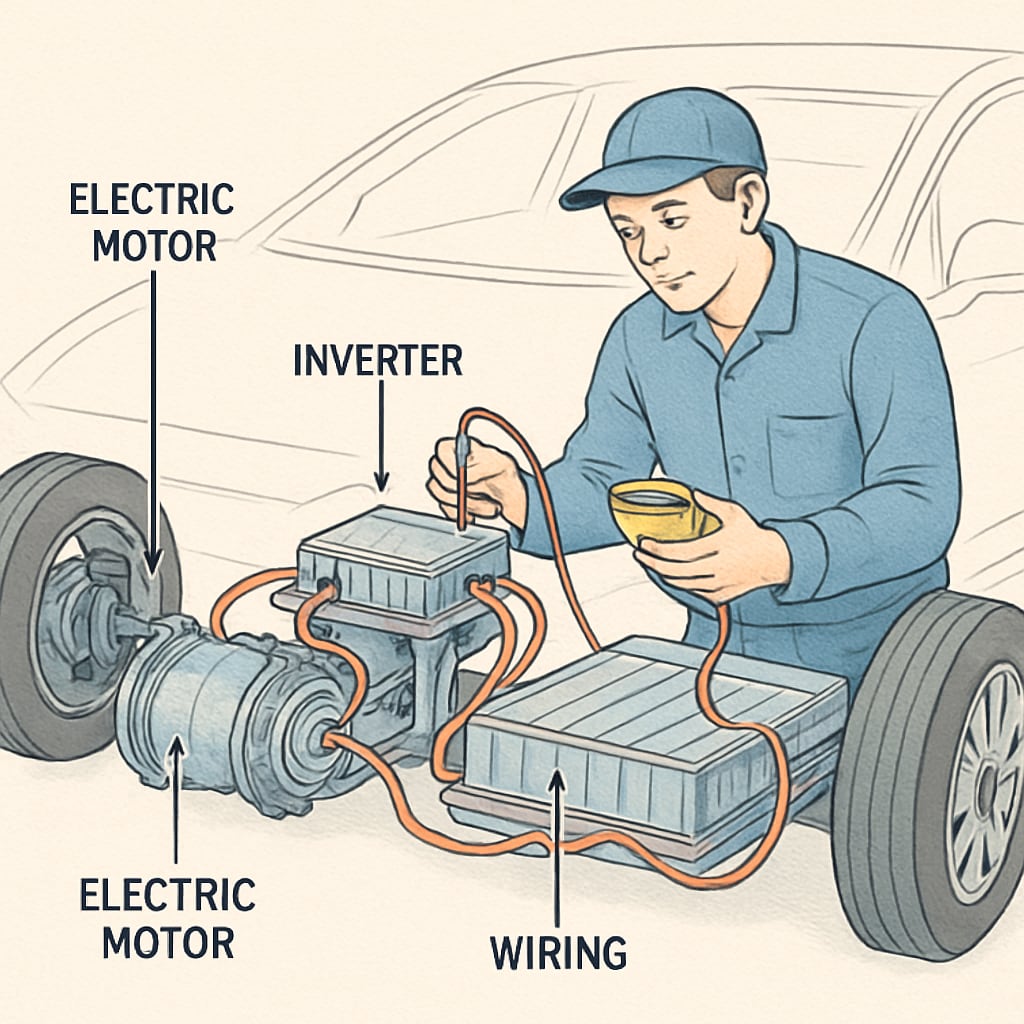 An engineer working on an electric vehicle’s powertrain system, showcasing the importance of electrical knowledge in automotive design. Electrical knowledge in automotive design - engineer working on EV powertrain