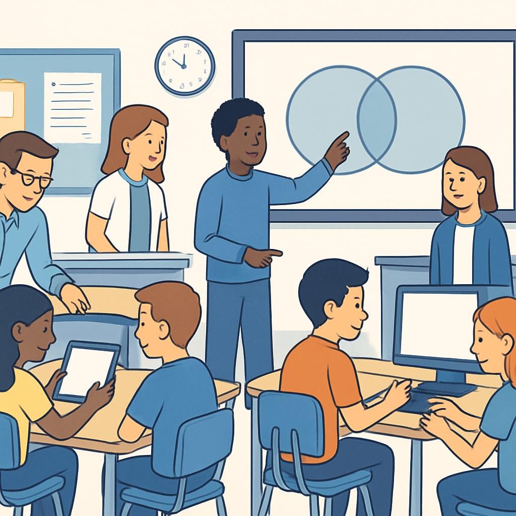 An illustration of students and teachers using digital tools in a classroom setting, emphasizing collaboration and problem-solving. Students and teachers using digital tools to address education challenges.