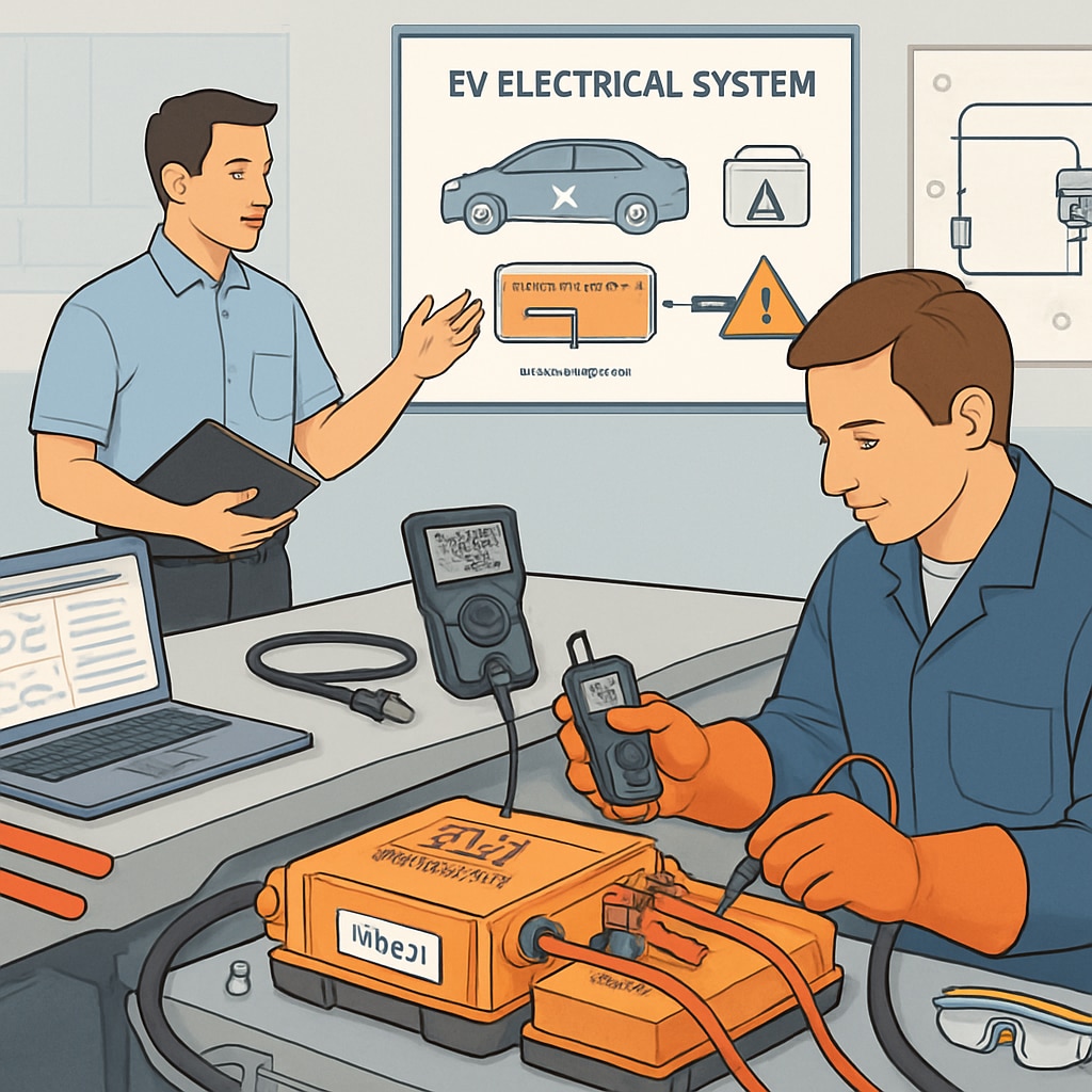A training workshop where professionals are learning to diagnose and repair EV electrical systems, emphasizing hands-on learning opportunities. EV electrical systems training workshop - professionals gaining hands-on experience