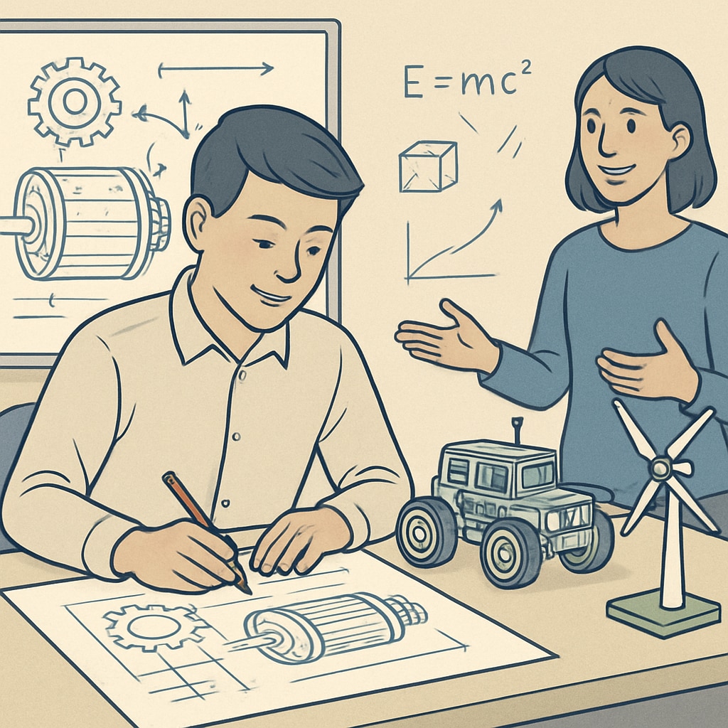 A student collaborating on both technical engineering designs and educational models to showcase interdisciplinary learning. Student working on education and engineering designs for dual-degree illustration.