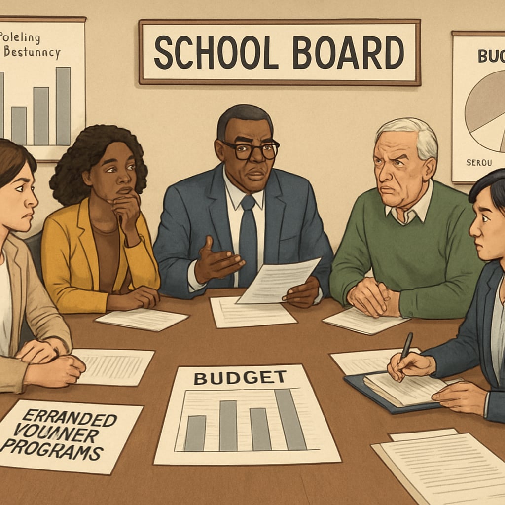 A school board meeting discussing budget constraints caused by expanded voucher programs. School board members discuss the financial impact of school voucher programs on public schools.