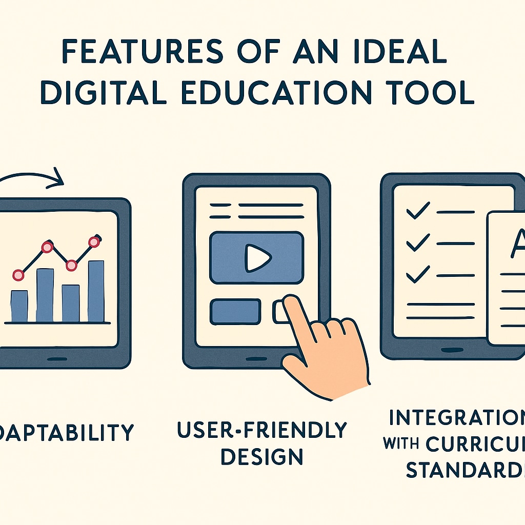 A diagram showing the features of an ideal digital education tool, including adaptability, user-friendly design, and integration with curriculum standards. Diagram of ideal digital education tool features for classrooms.