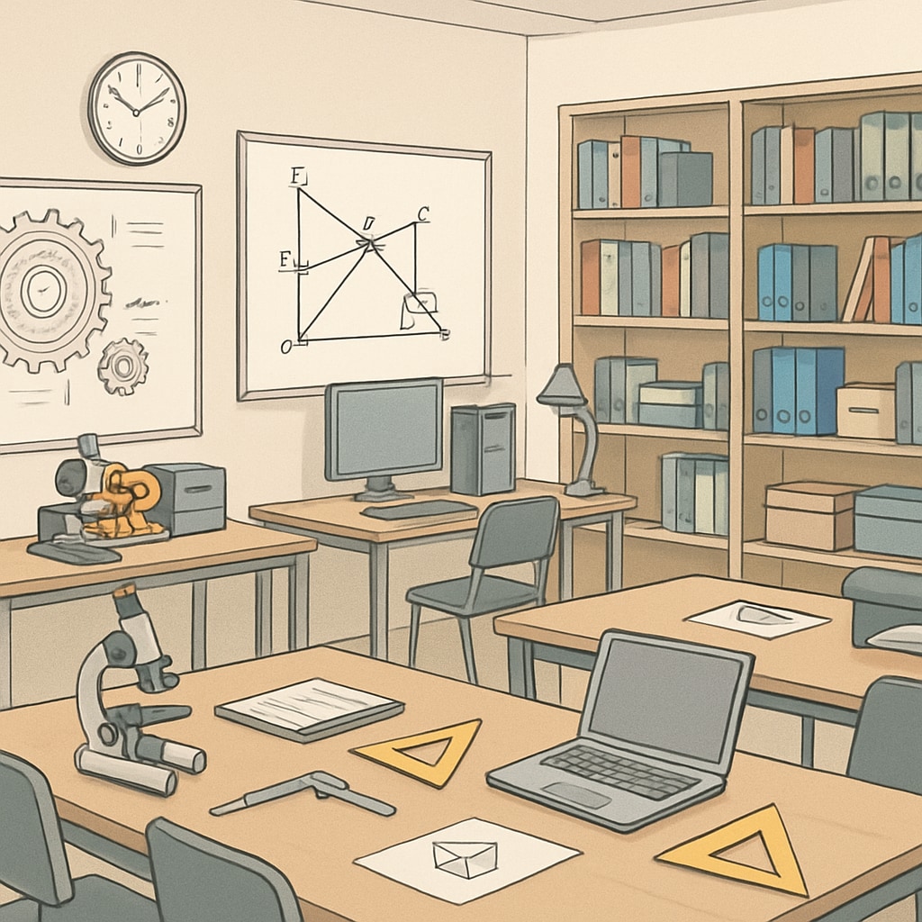 A university classroom equipped with engineering tools and teaching resources to illustrate interdisciplinary programs. Classroom showcasing equipment for education and engineering dual-degree programs.