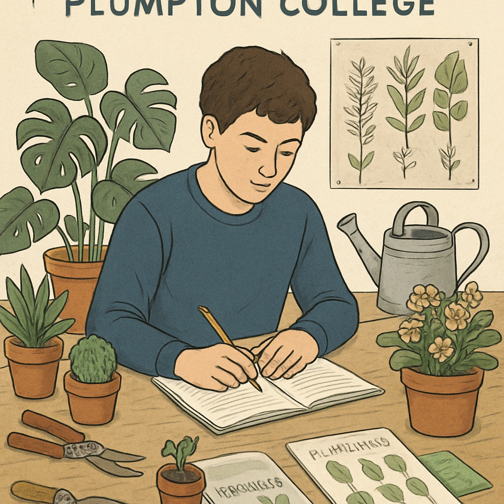 A student working on a horticulture project at Plumpton College, surrounded by plants and tools. Plumpton College student engaged in horticulture, reflecting vocational education.