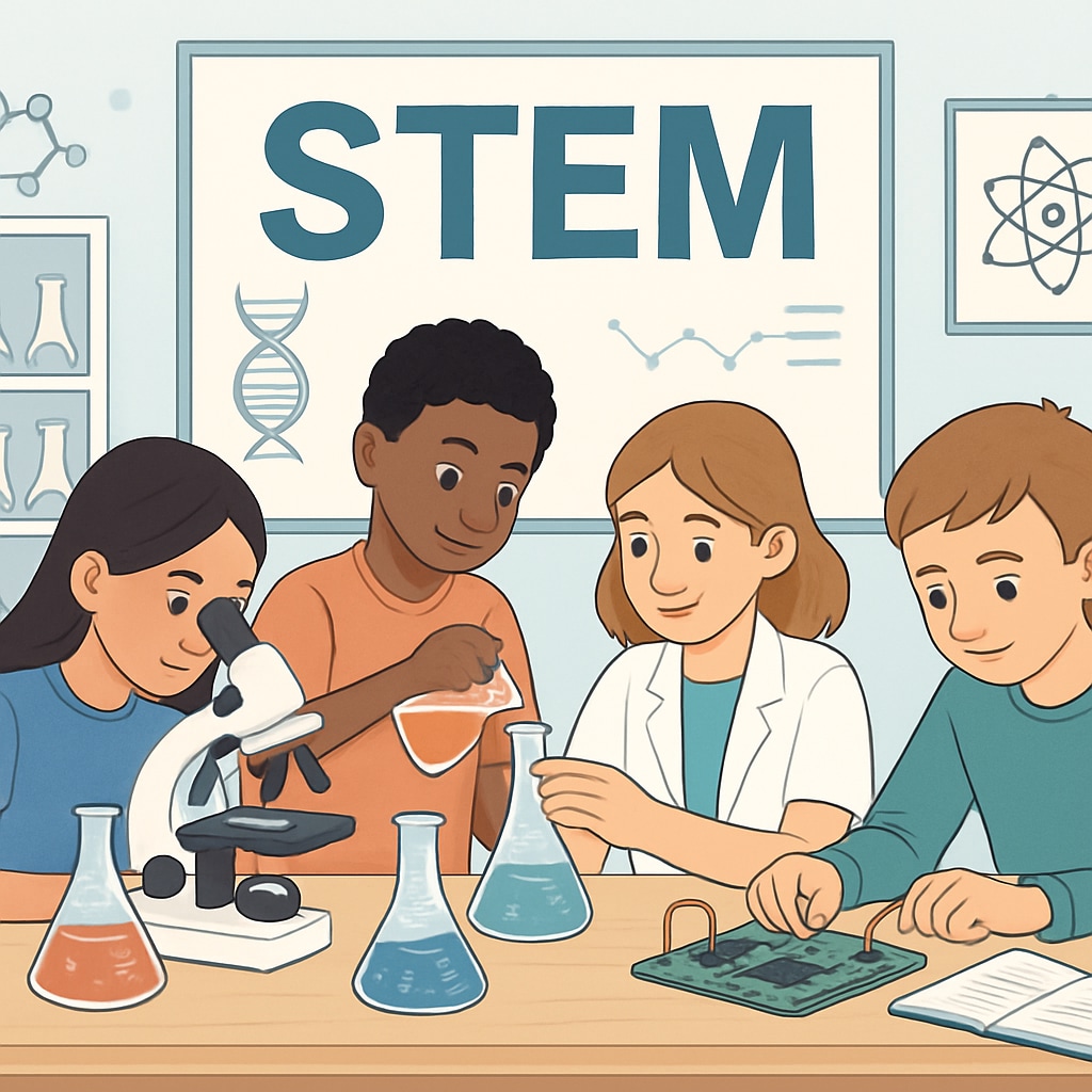 Students working in a STEM lab as part of a specialized public school program. Public school students in a STEM lab, showcasing the unique programs offered by public education.