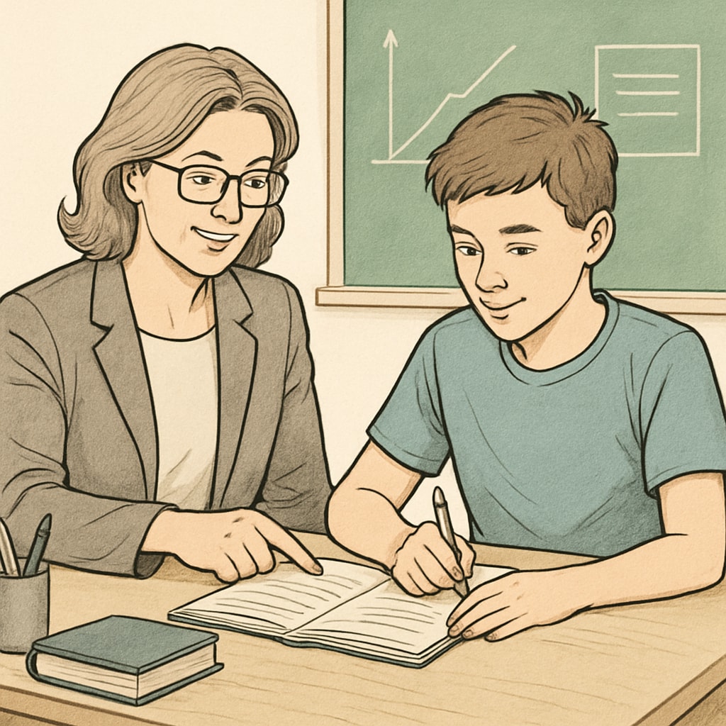 A supportive teacher guiding a teenager with a school project at a desk, symbolizing interest-driven learning. A supportive teacher helping a teenager with a school project to inspire academic motivation.
