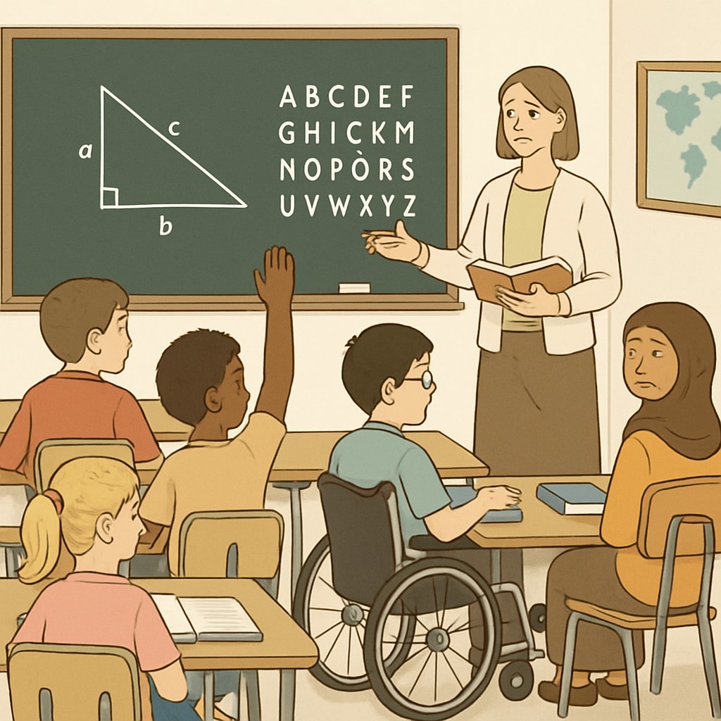 A classroom with diverse students and a teacher, symbolizing education neutrality and diversity. Classroom with diverse students and a teacher representing education neutrality.