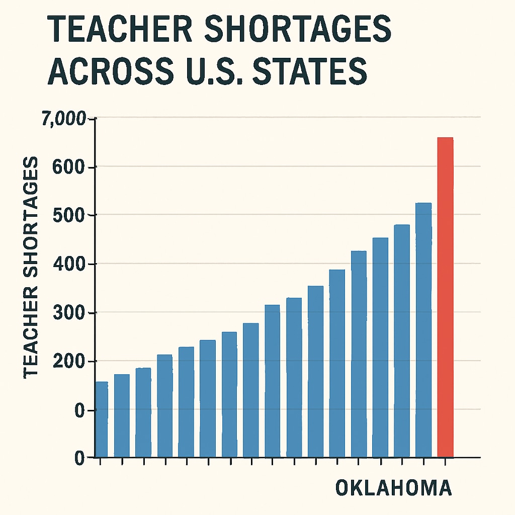 A graph illustrating teacher shortages across U.S. states, with Oklahoma highlighted. Graph showing teacher shortages across states, with Oklahoma marked prominently.