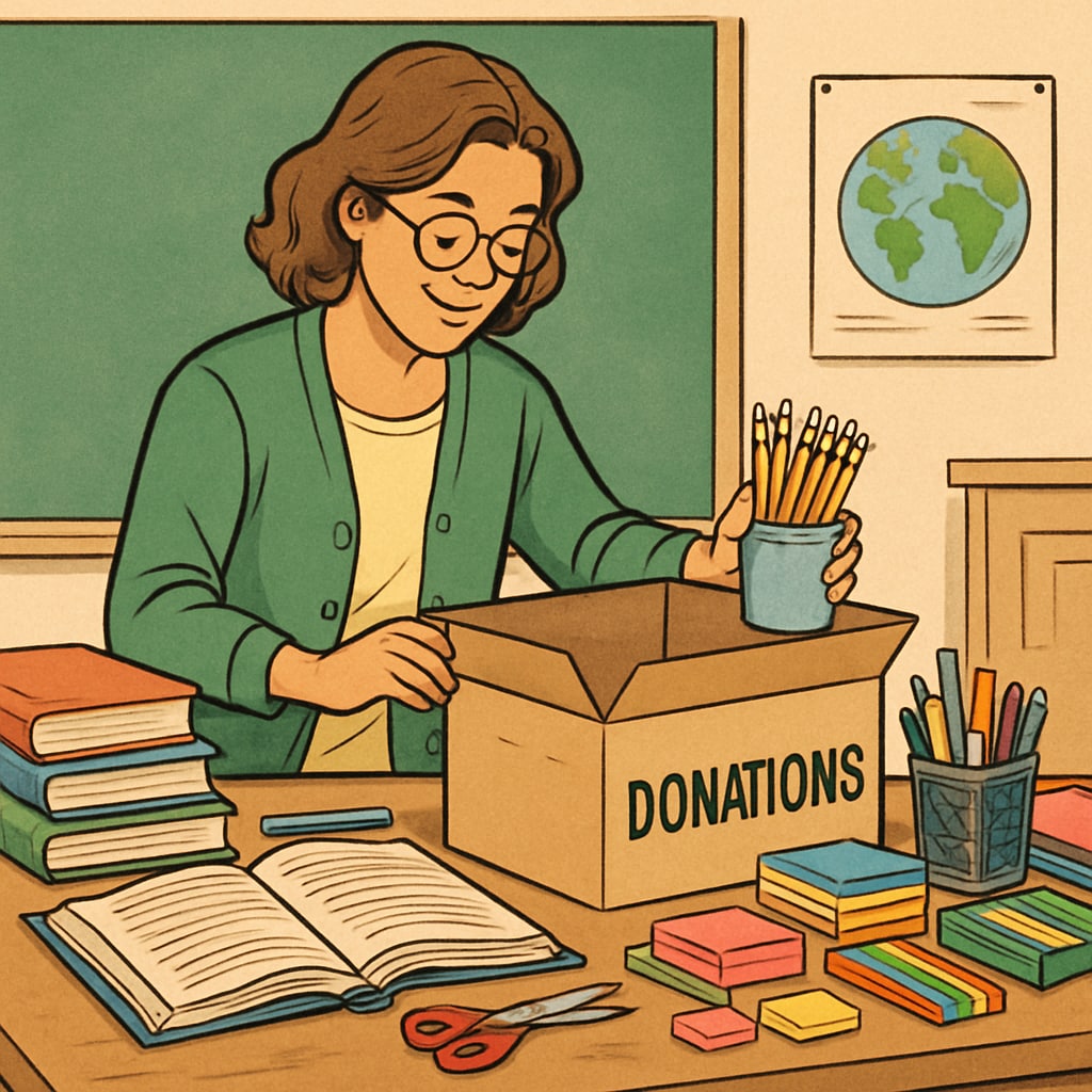 A teacher organizing donated classroom supplies, showcasing the impact of community support. Teacher organizing classroom supplies donated through community efforts.