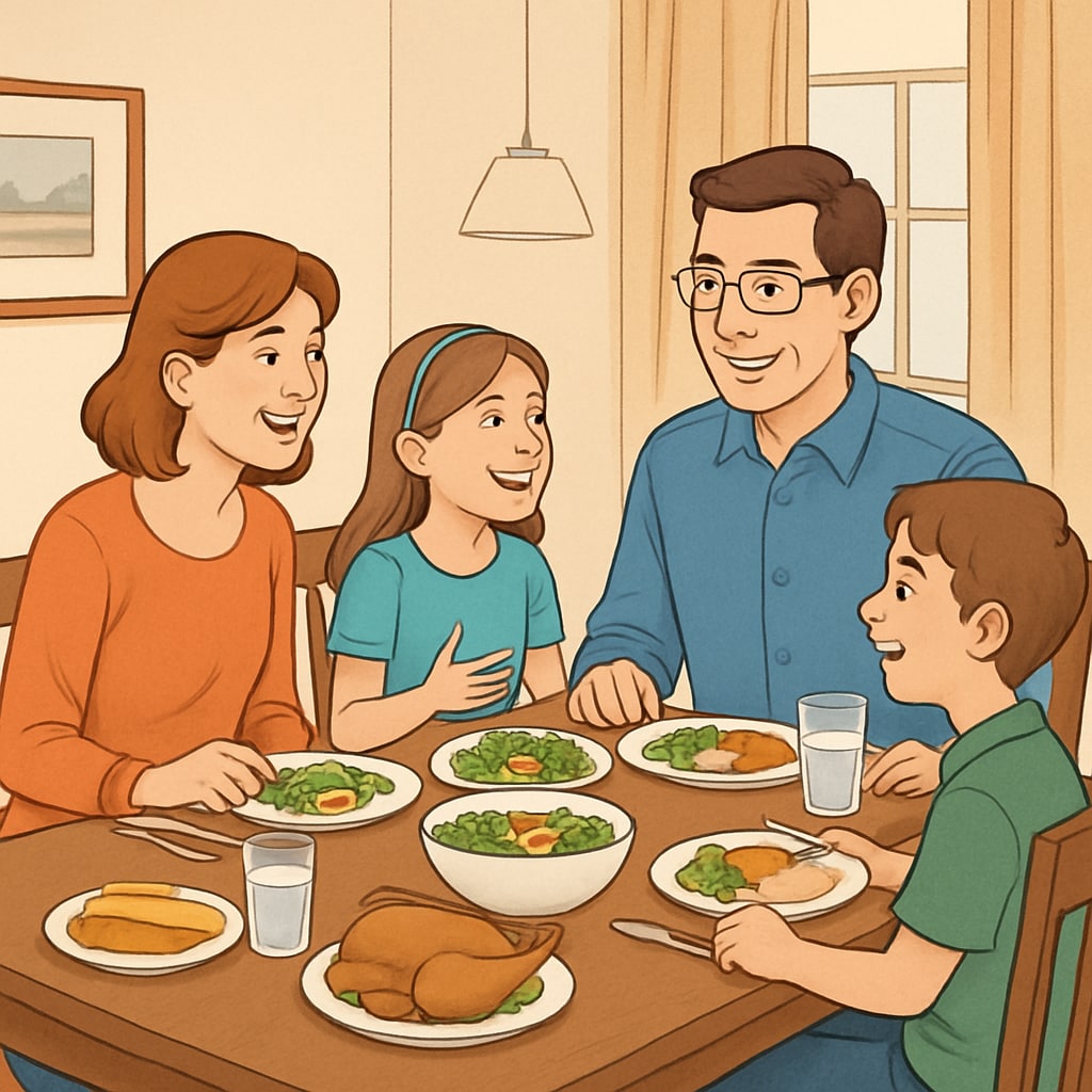 A happy family having dinner together, fostering communication and connection in a healthy lifestyle context. A family enjoying dinner together, symbolizing the importance of family support in youth development.