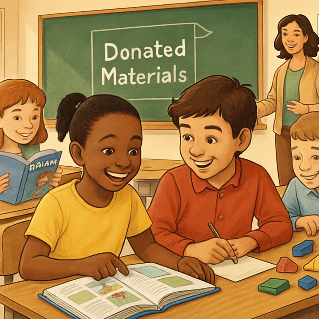 Students using donated materials in a classroom setting, smiling and engaged in learning. Students actively using donated classroom supplies to enhance their learning.