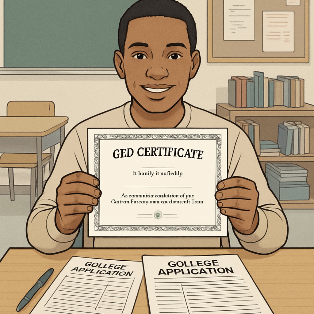 A student sitting at a desk with a GED certificate and college application forms. A student reviewing their GED certificate while preparing college applications.