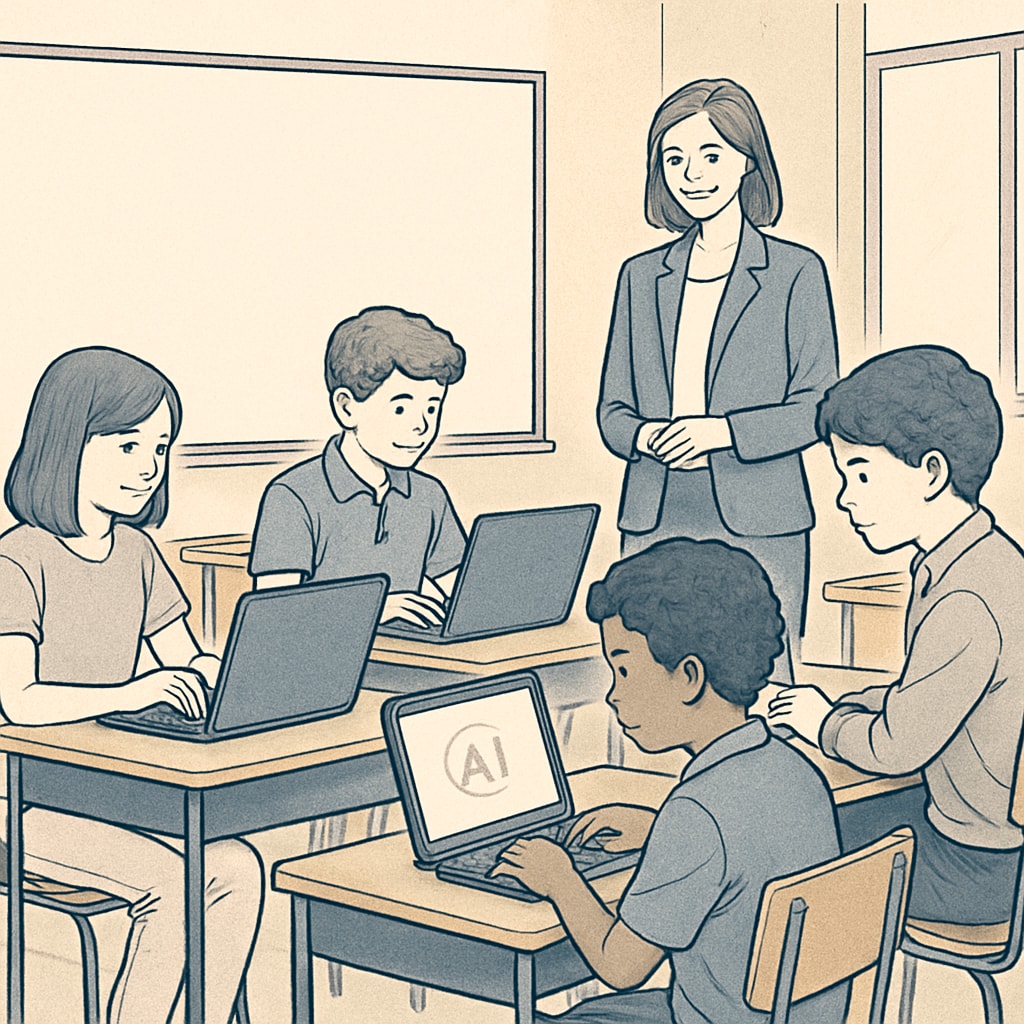 A classroom with students using laptops, with a teacher monitoring their progress, symbolizing the integration of AI in education. Classroom scene showing students using laptops and a teacher supervising, related to AI in education.